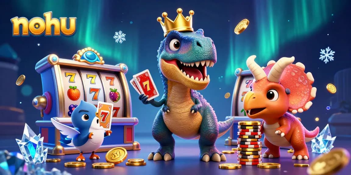 Engage at nohu casino with a fun T-Rex, pterodactyl, and triceratops in a vibrant gaming atmosphere.