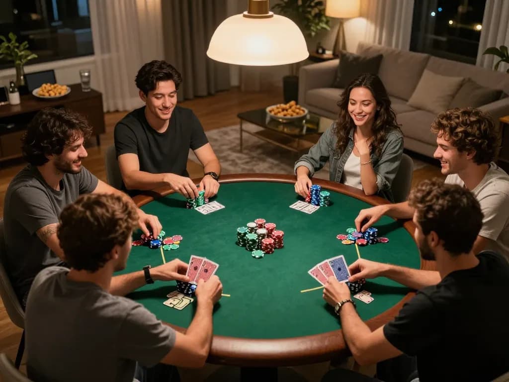 Players enjoying an exciting poker night at home with chips and cards, showcasing 789win fun.
