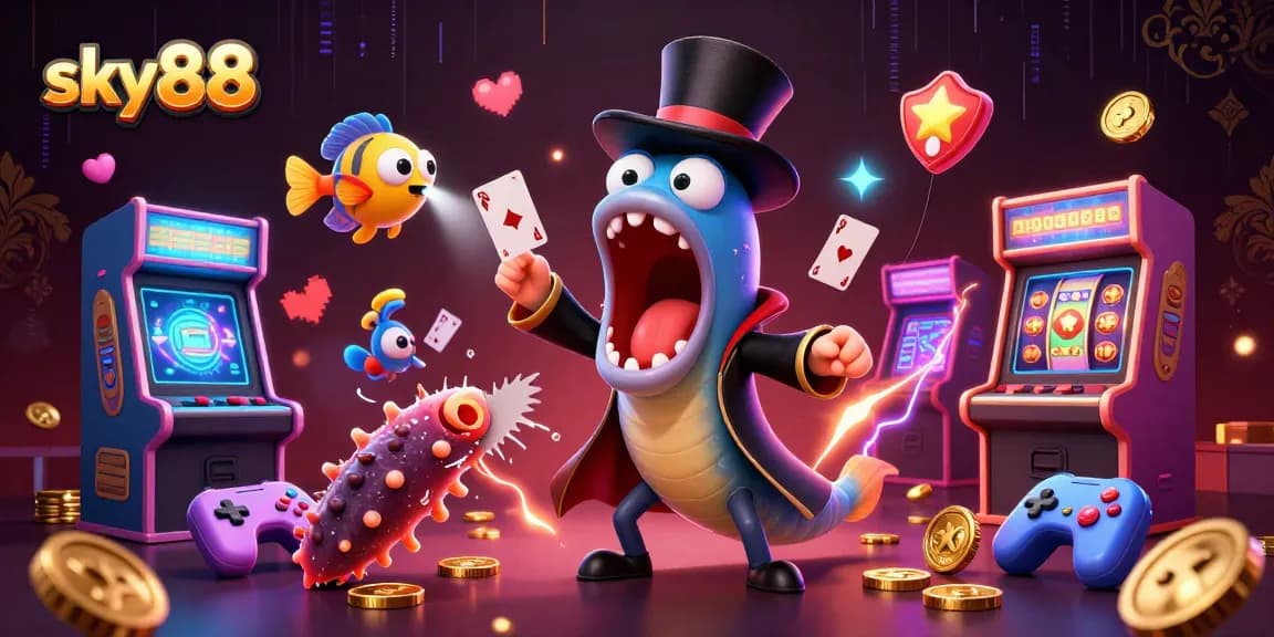 Experience thrilling gaming action with the sky88 online casino featuring vibrant 3D characters and casino elements.