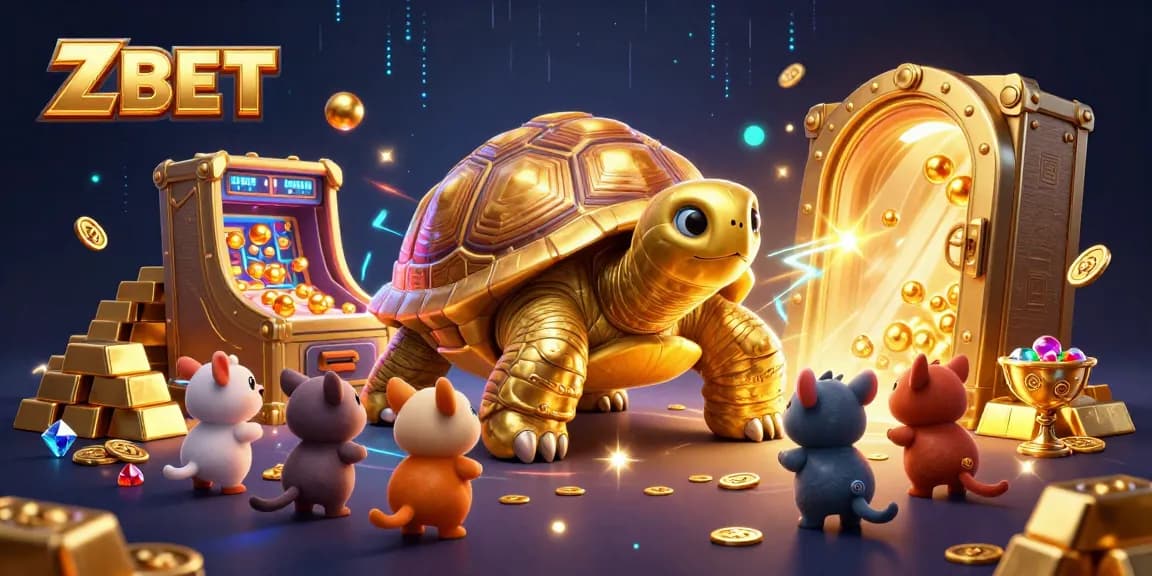 Join the fun at ZBET, where small animals play on a pinball-themed tortoise amidst golden treasures.