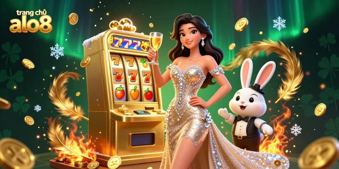 Experience winning at trang chủ alo8 with a glamorous woman celebrating beside a jackpot slot machine.
