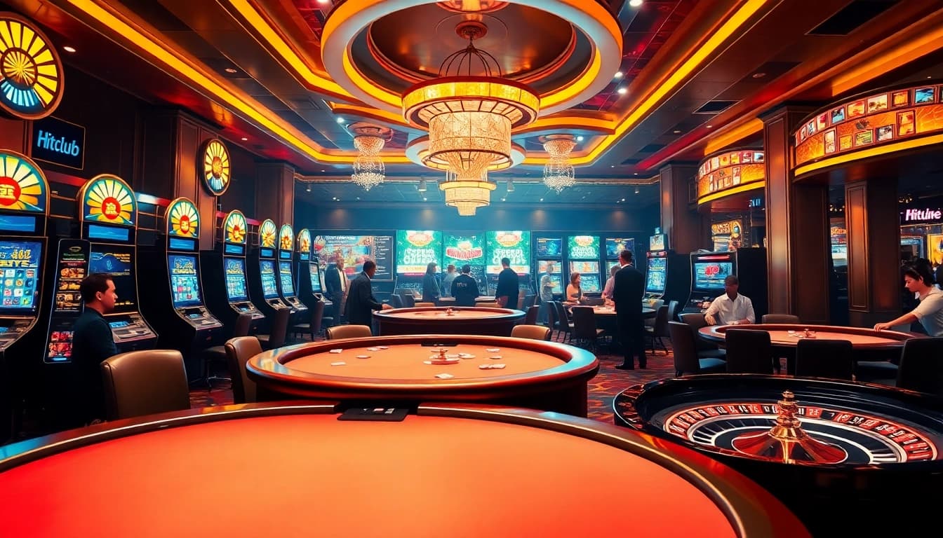 Players enjoying games at hitclub casino, featuring vibrant slot machines and poker tables.