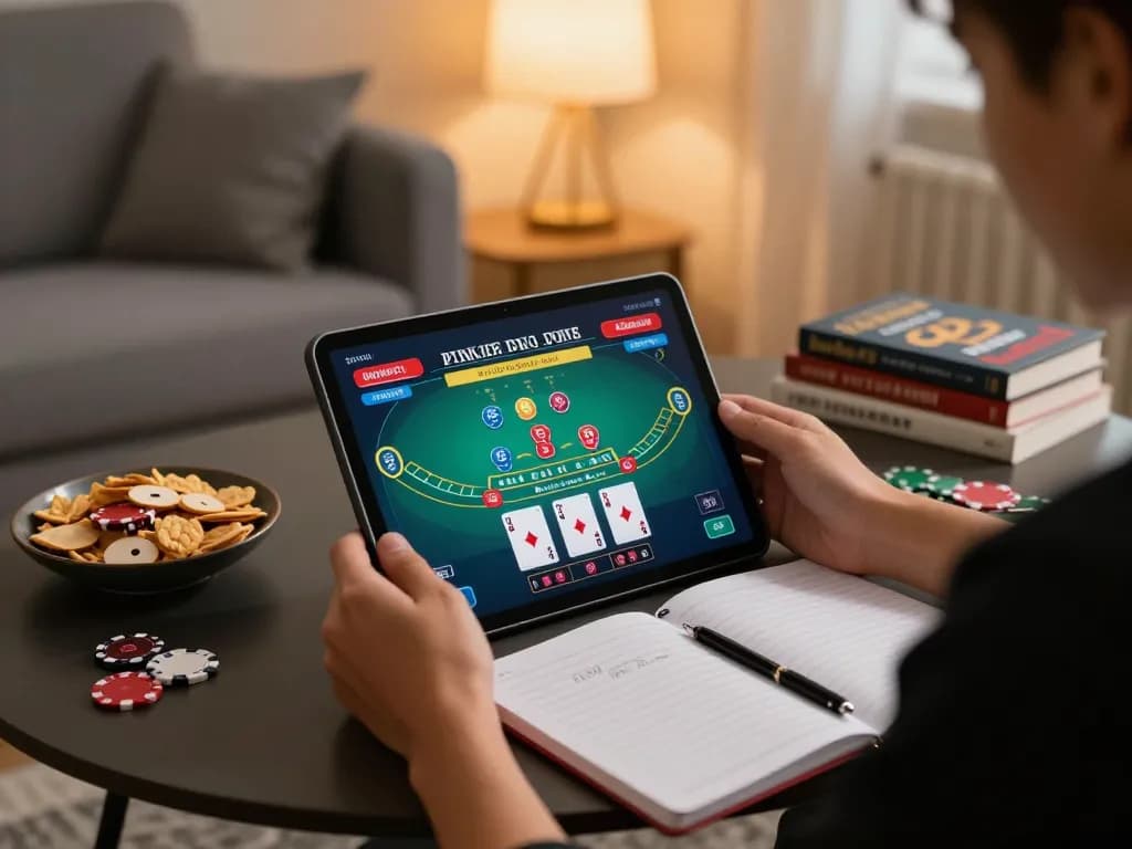 Online gambler enjoying oxbet live dealer blackjack on a tablet at home, focused and strategic.