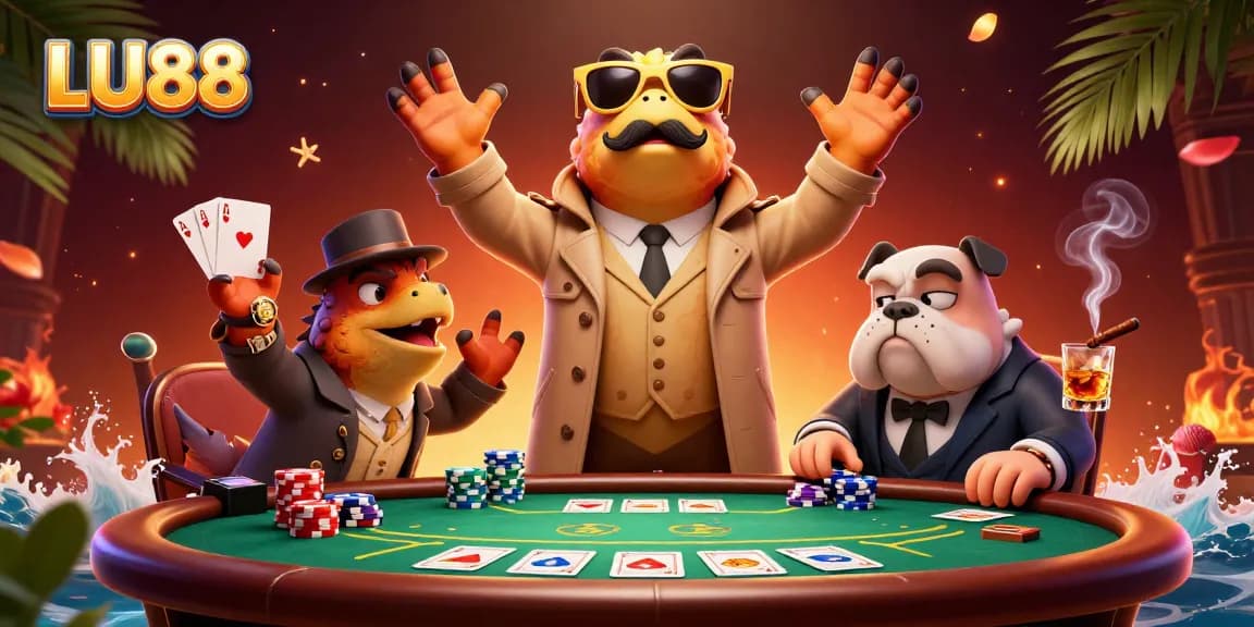 LU88 raptors enter VIP casino lounge amidst poker chips, cards, and vibrant atmosphere.