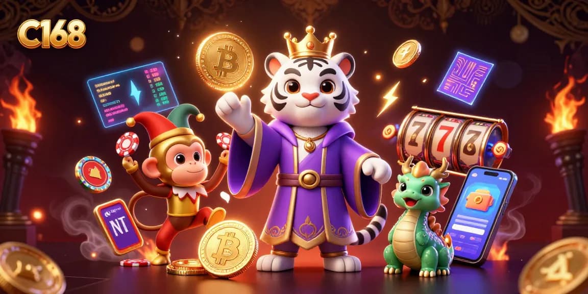 C168 immerses players in a vibrant online casino world with engaging gaming elements and characters.