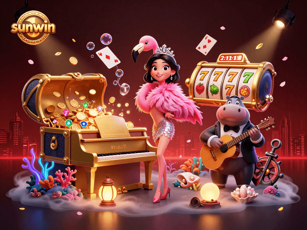 Engage with sunwin's vibrant casino environment featuring a flamingo singer and hippo bassist.