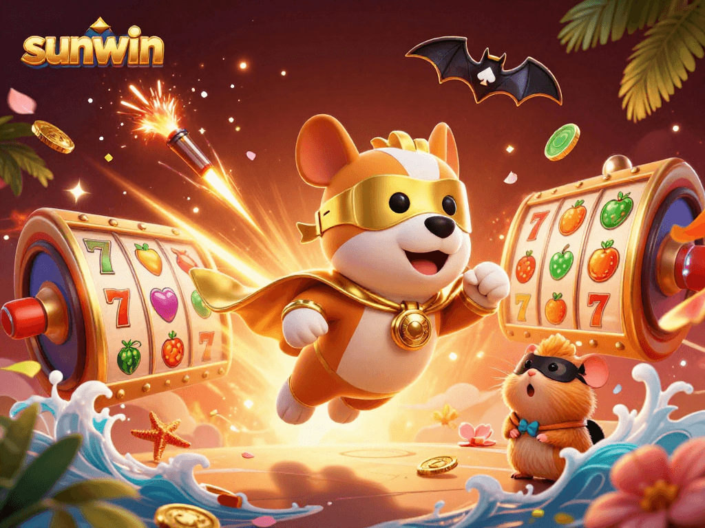 Experience thrilling wins at sunwin with a vibrant 3D illustration of a superhero dog and slot reels.