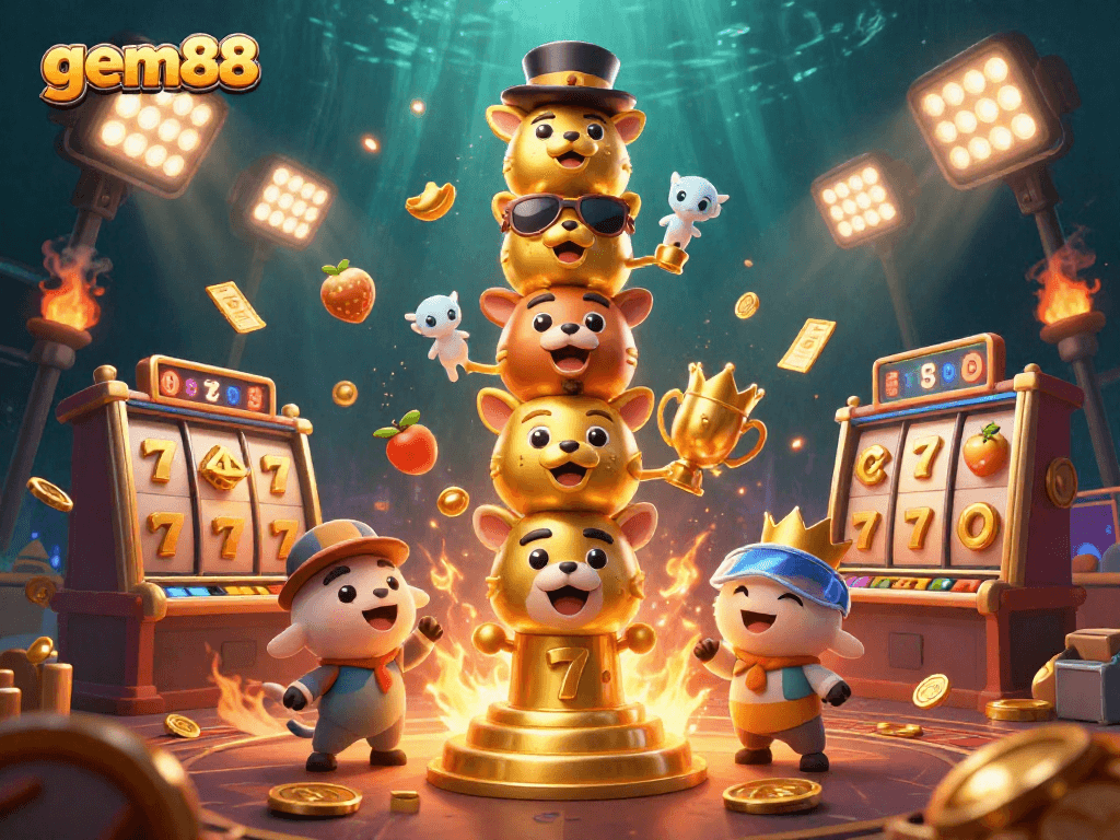 Experience gem88's vibrant gaming world with a dynamic 3D illustration showcasing lively casino elements.