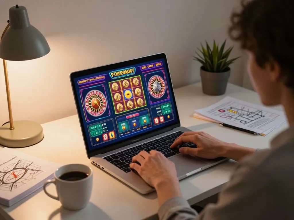 Jogador interagindo com os jogos de caça-níqueis online da 887bet em um ambiente acolhedor em casa.