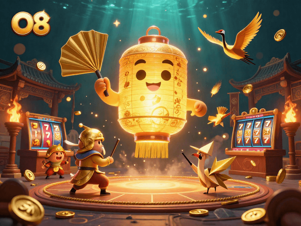 Engage with O8's vibrant casino experience filled with dynamic game elements and golden lantern spirits.