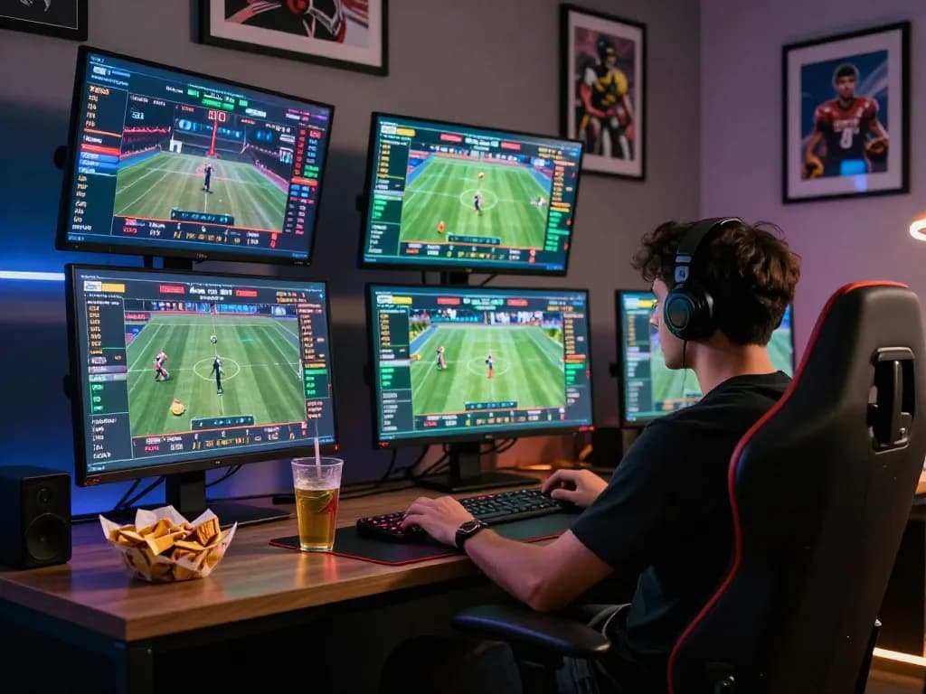 Player engaging in sports betting on multiple screens while seated in a modern setup, showcasing the excitement of 45678 online gambling.