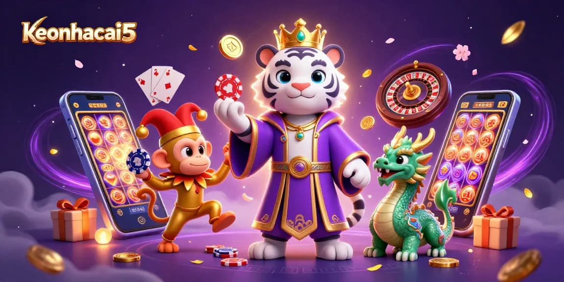 Engage with keonhacai5's vibrant casino world, showcasing a white tiger, a monkey juggling chips, and a magical dragon.