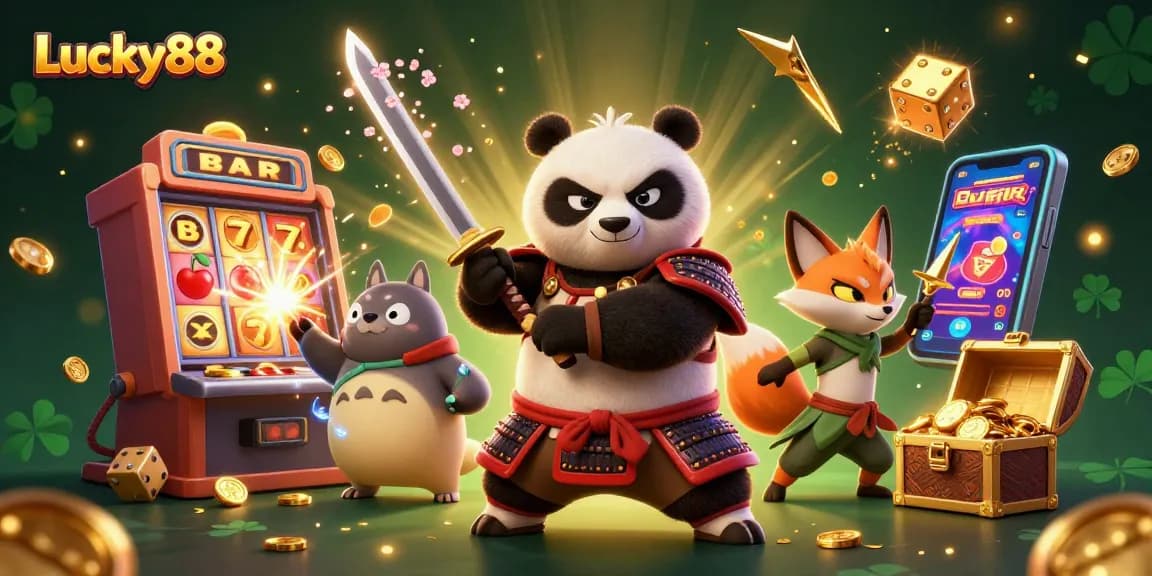 Experience the excitement of Lucky88 with a vibrant casino scene showcasing a dynamic samurai panda and magical companions.