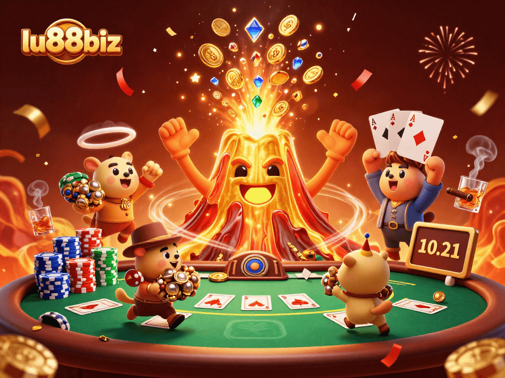 lu88biz unleashes excitement with a golden volcano and treasure in this vibrant casino scene