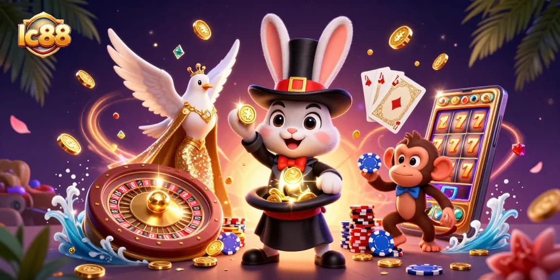 Engaging 3D casino scene featuring lc 88 with a magician rabbit, dove, and monkey surrounded by golden coins and poker chips.