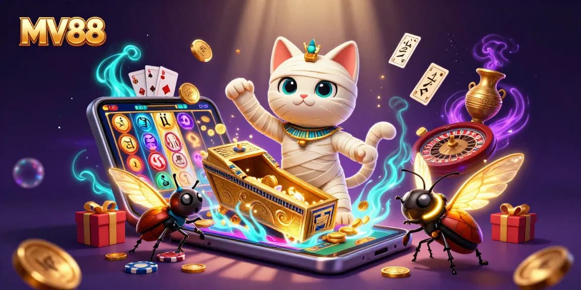 Explore MV88 casino magic with a 3D mummy cat, slot games, and vibrant animations.