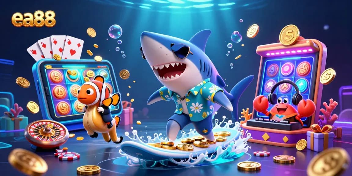 Experience thrilling slots with ea88 as a vibrant shark surfs gold coins, enhanced by rich casino imagery.