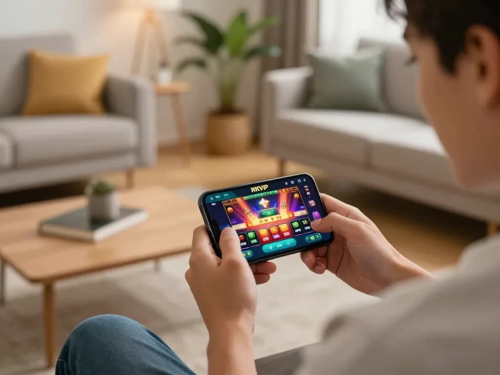Playing casino games on the RIKVIP app in a cozy living room environment.
