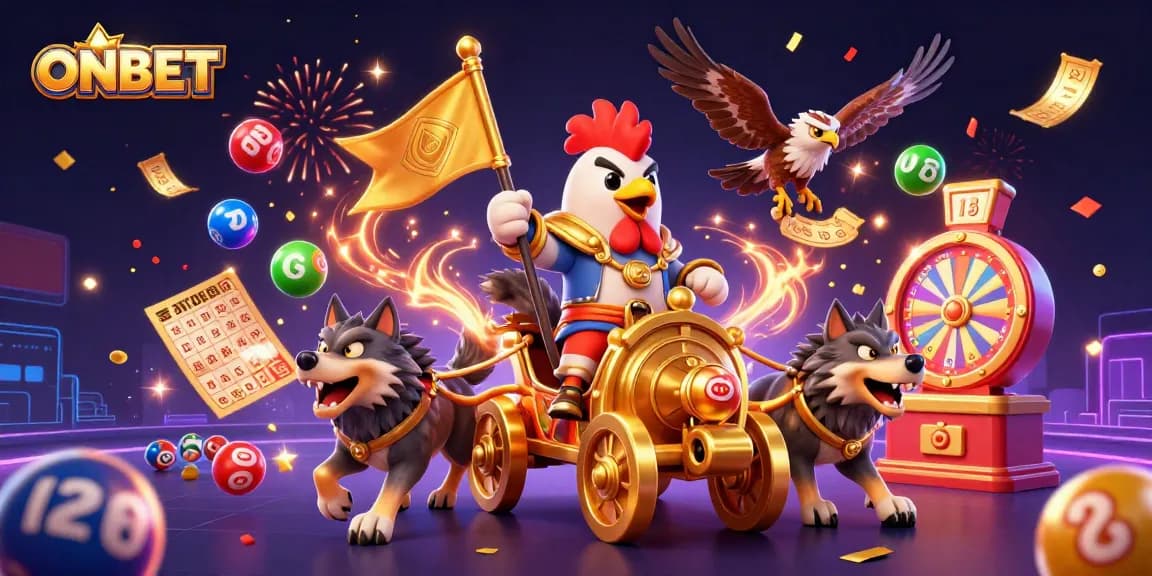 Experience ONBET's exciting gaming environment with a rooster warlord leading epic battles and vibrant lottery scenes.