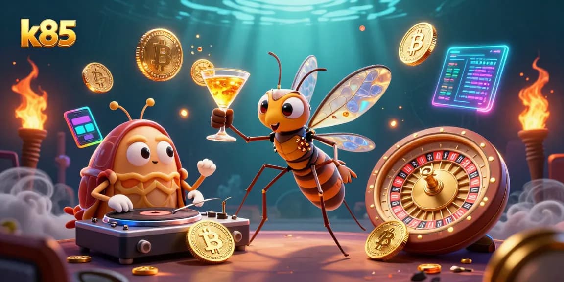 Driblando emoções no k85, um mosquito mascote de cassino com coquetel e um DJ trilobite girando roletas de ouro.
