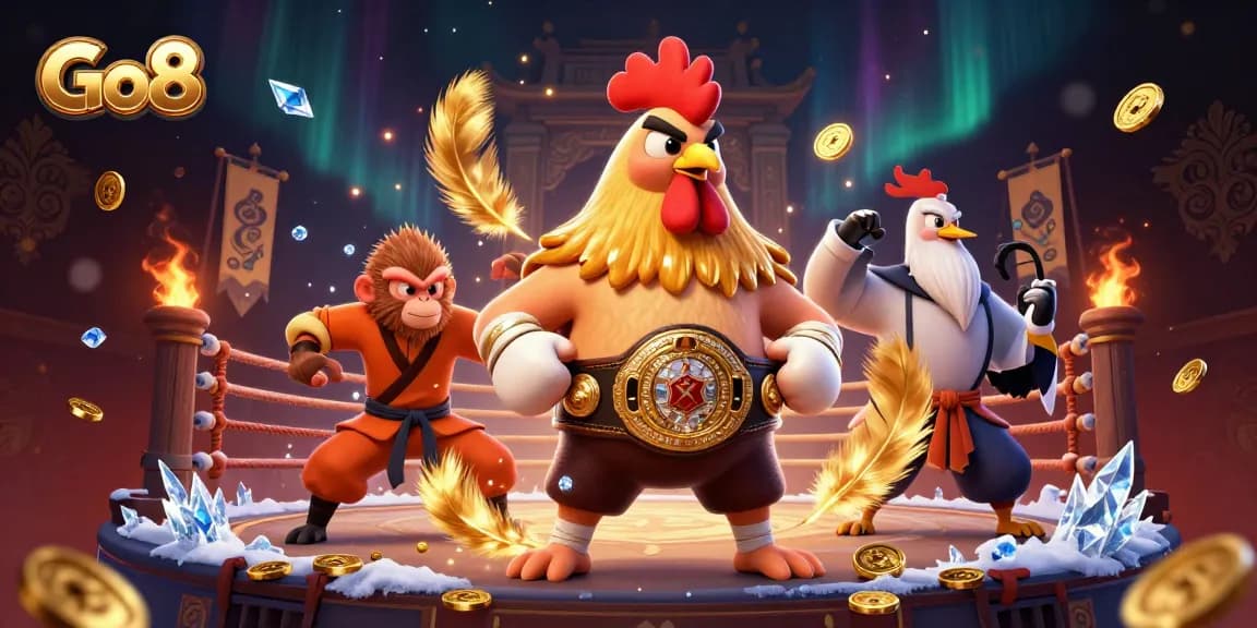 Experience exciting gameplay at Go8 with a Muay Thai rooster, a Shaolin monkey, and a wise crane in a vibrant casino arena.