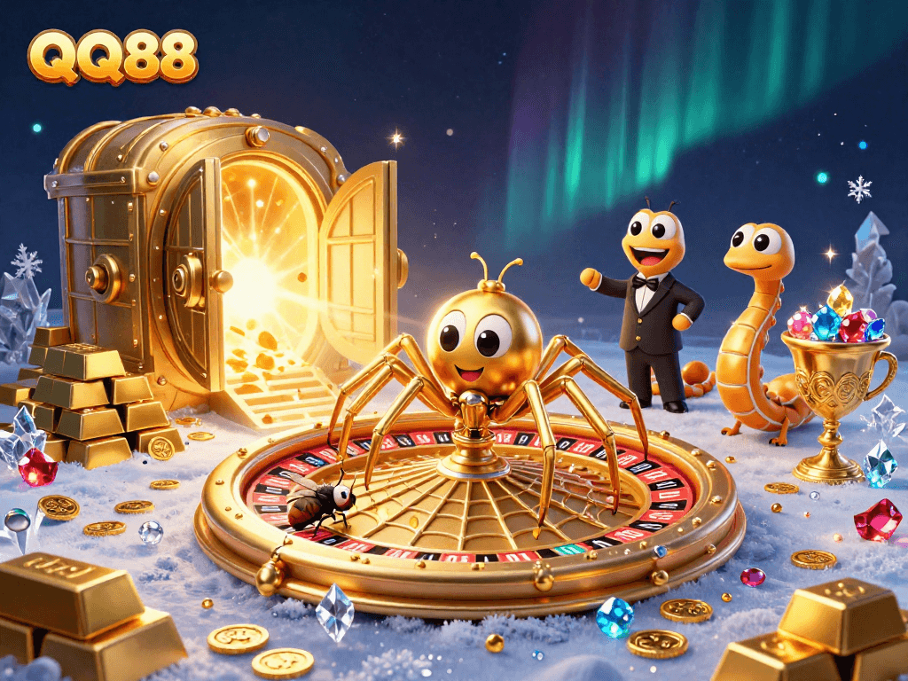Engage with QQ88’s thrilling roulette scene featuring a golden spider and centipede croupier.