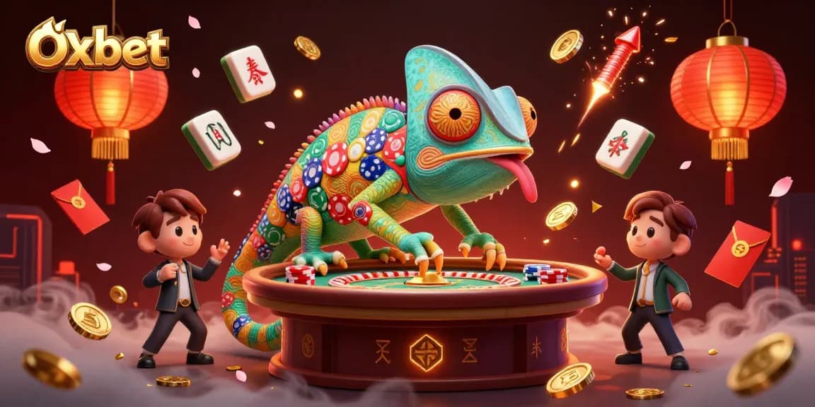 Oxbet's lively casino scene featuring a chameleon owner collecting coins amidst gambling elements.