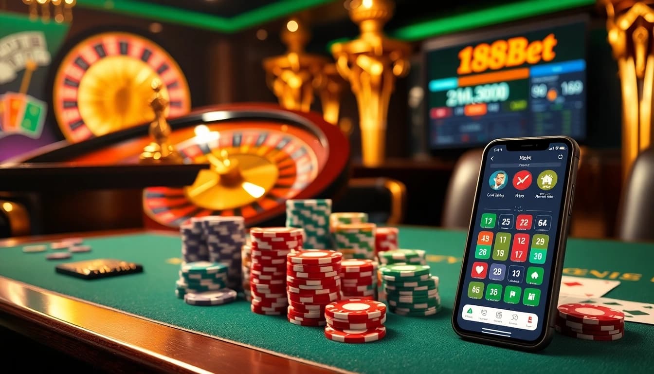 Experience the thrill of 188 bet with vibrant casino elements including roulette, poker chips, and a sleek online interface.