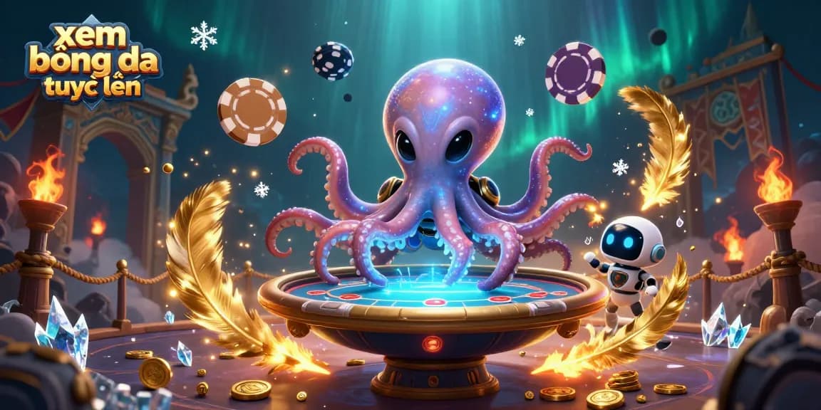 Experience xem bóng đá trực tuyến in an exciting 3D illustration with an octopus dealer and casino elements.