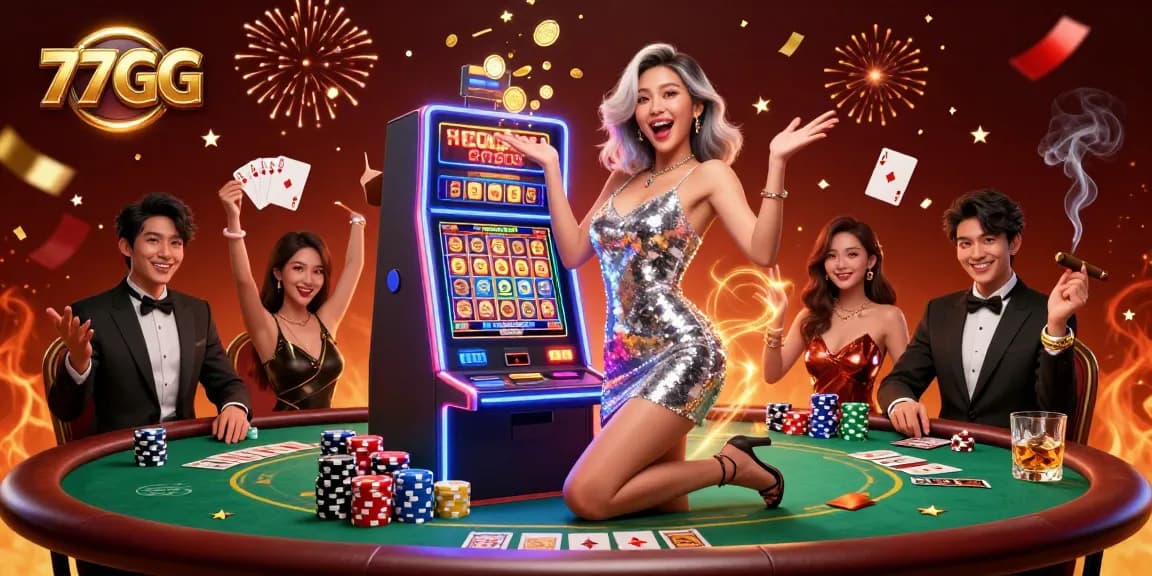 Experience the excitement of 77GG with a stunning slot jackpot celebration and vibrant casino ambiance.