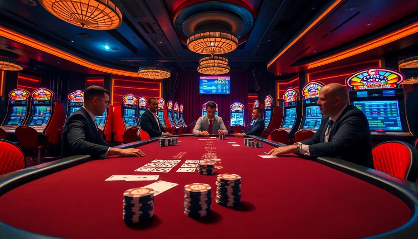 Exciting scene of players winning at 79king blackjack table in a luxurious casino.