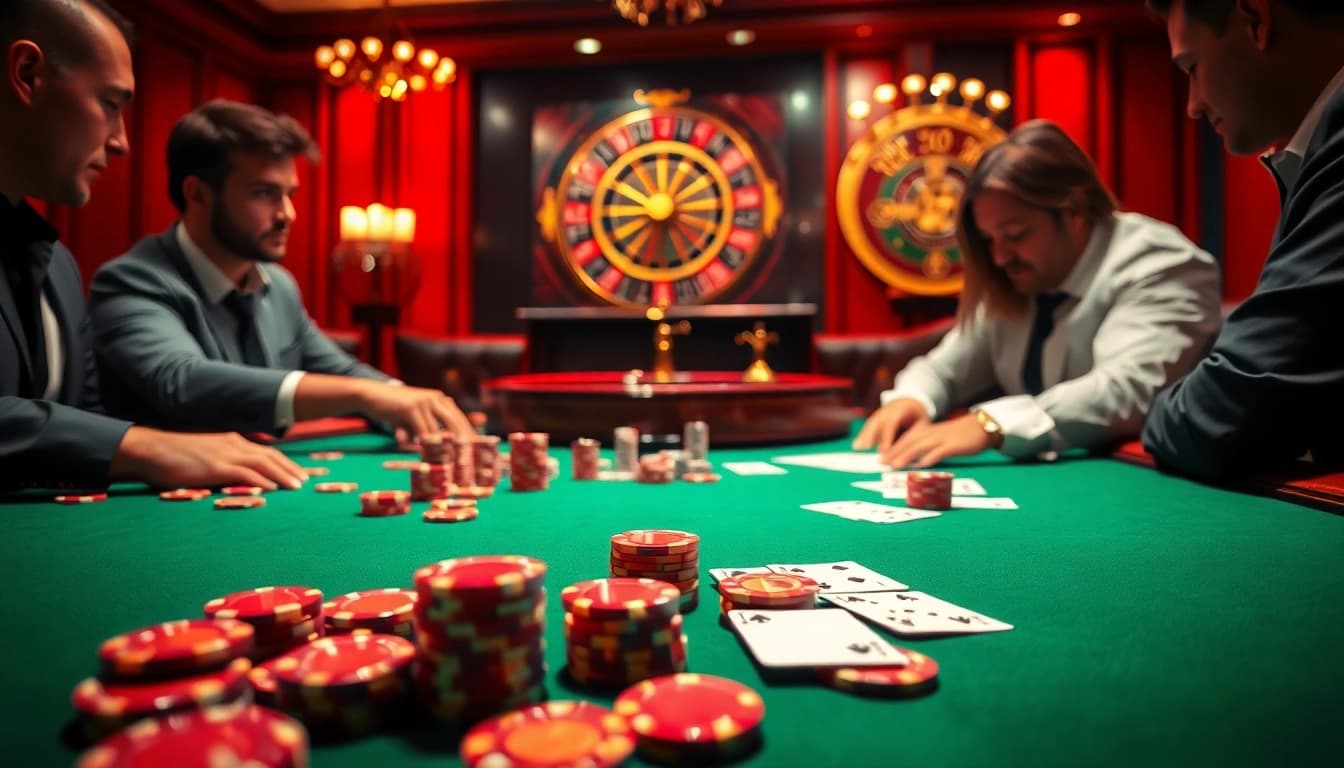 Intense poker gameplay at a luxurious casino, featuring da88 chips and cards.