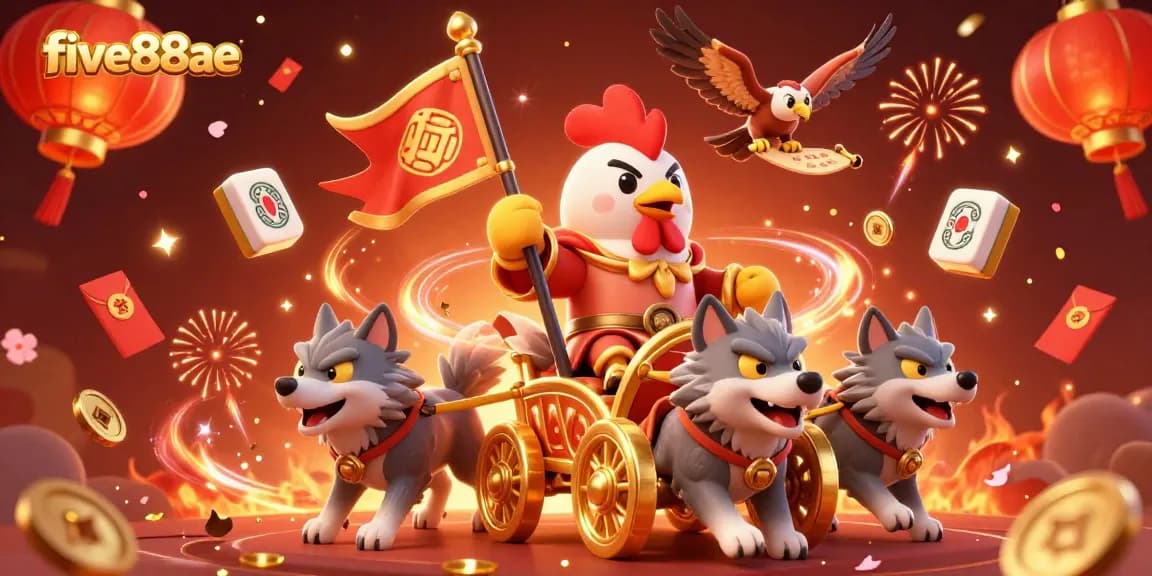 Experience games at five88ae with a 3D rooster warlord amidst vibrant confetti and jackpot elements.