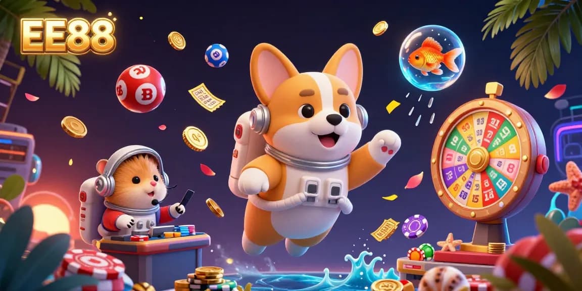 Experience the excitement of EE88 with a vibrant 3D casino scene featuring unique characters and dynamic gambling elements.