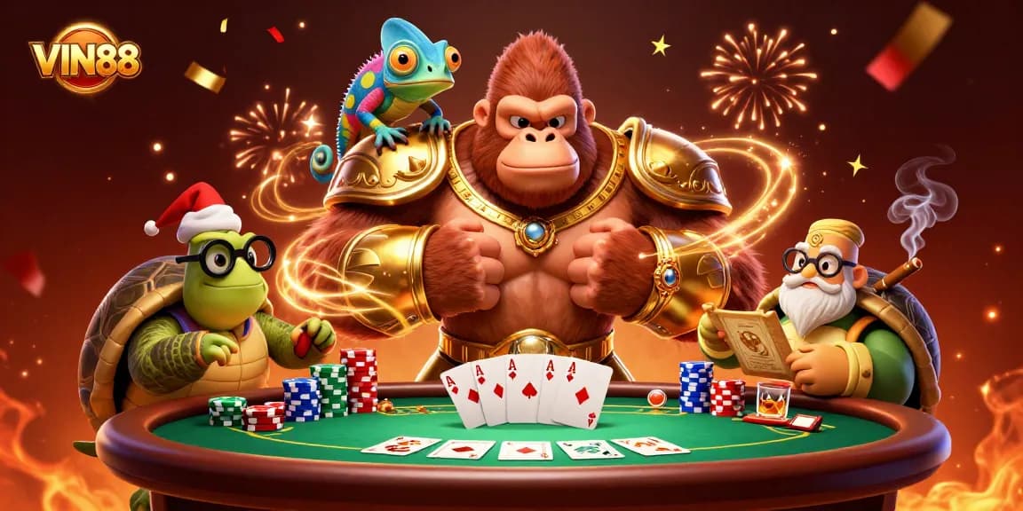 Engage in poker gameplay with VIN88 featuring a gorilla king, chameleon, and tortoise in a vibrant 3D scene.