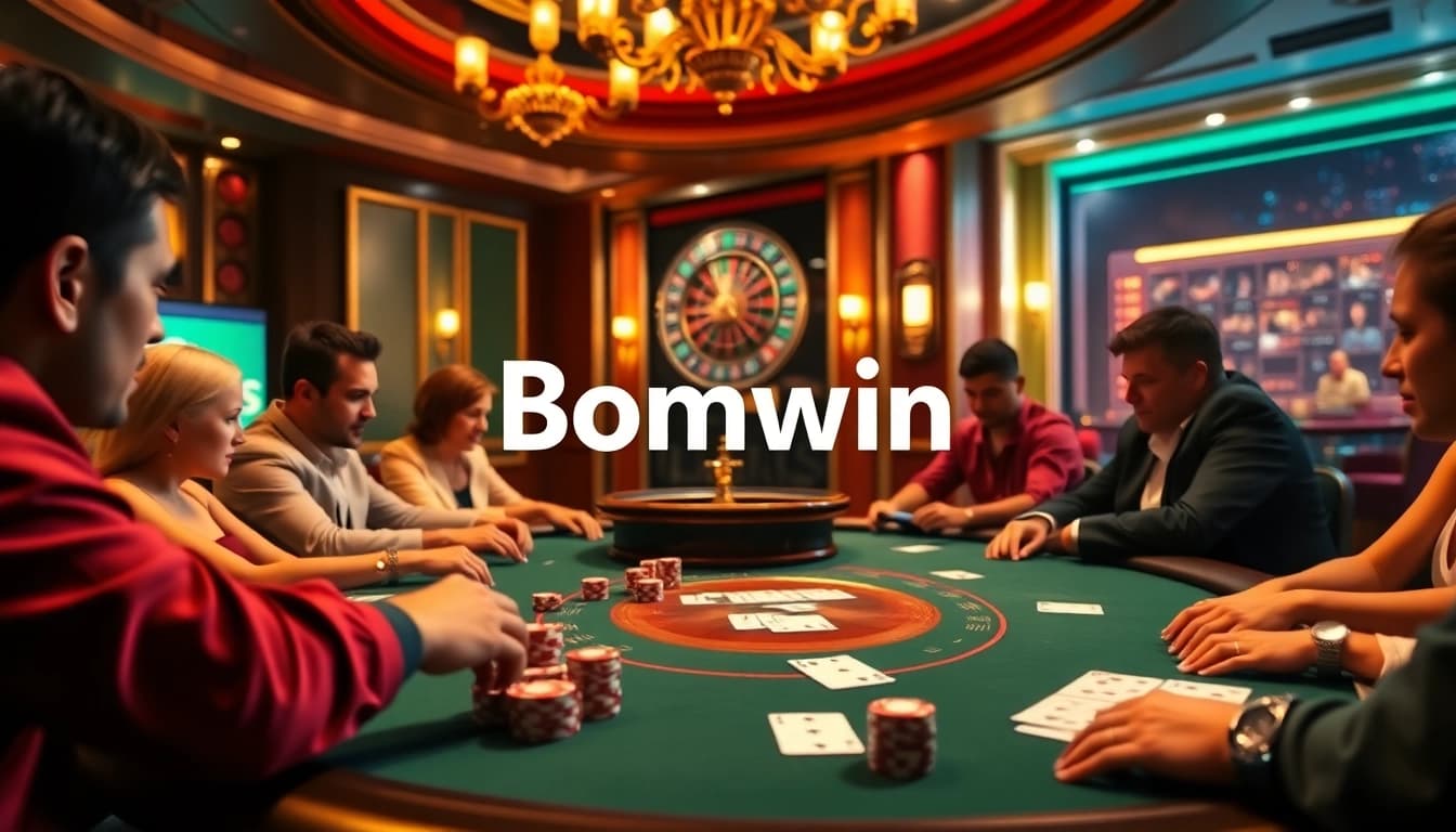 Gamblers enjoy a thrilling poker game at a luxurious casino table, highlighting Bomwin's exciting gaming experience.