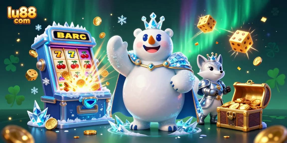 Experience exciting gameplay at lu88 com with a magical illustration of the polar bear king and snow fox surrounded by casino elements.