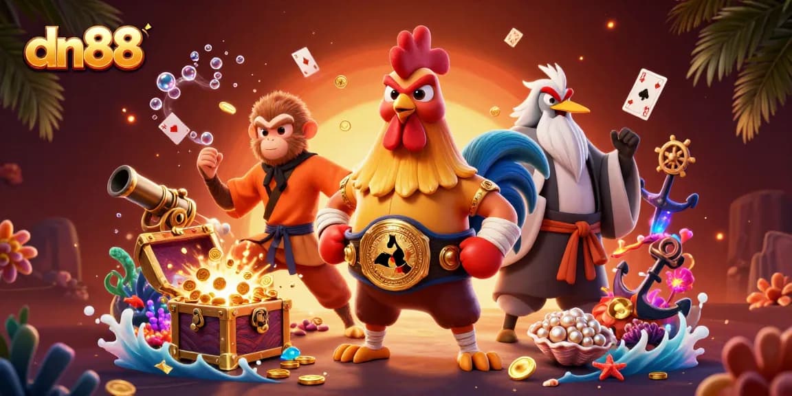 Experience the thrill of dn88 with a dynamic scene featuring a Muay Thai rooster, Shaolin monkey, and wise crane in a vibrant casino setting.