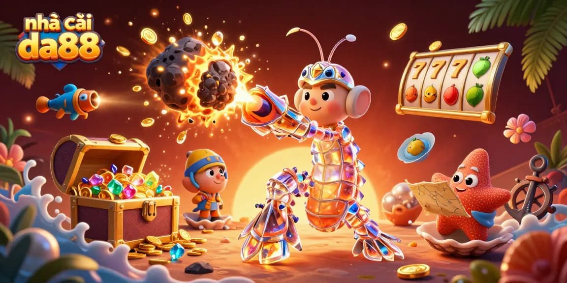 Engage with nhà cái da88 as a vibrant 3D samurai mantis shrimp bursts through treasure-laden asteroids.