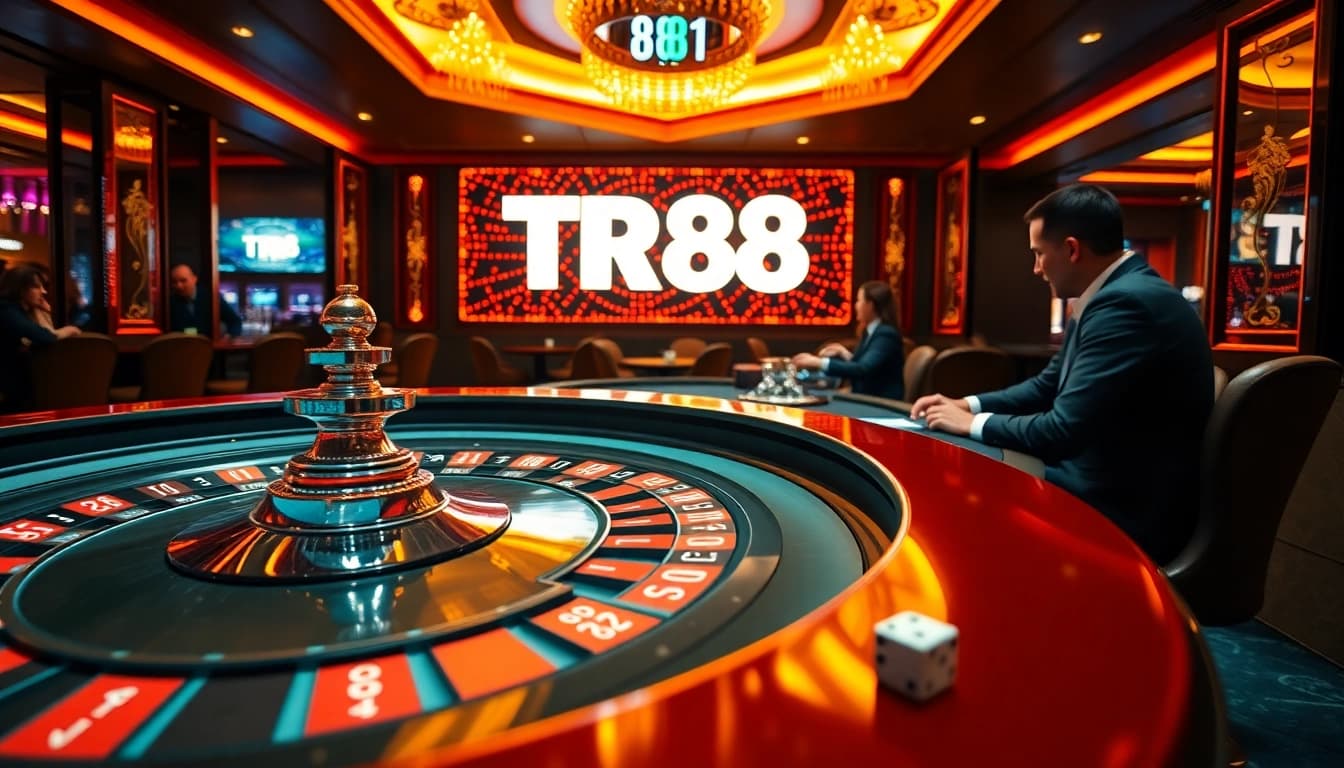 TR88 casino scene with excited players at a blackjack table, chips and dice in action.