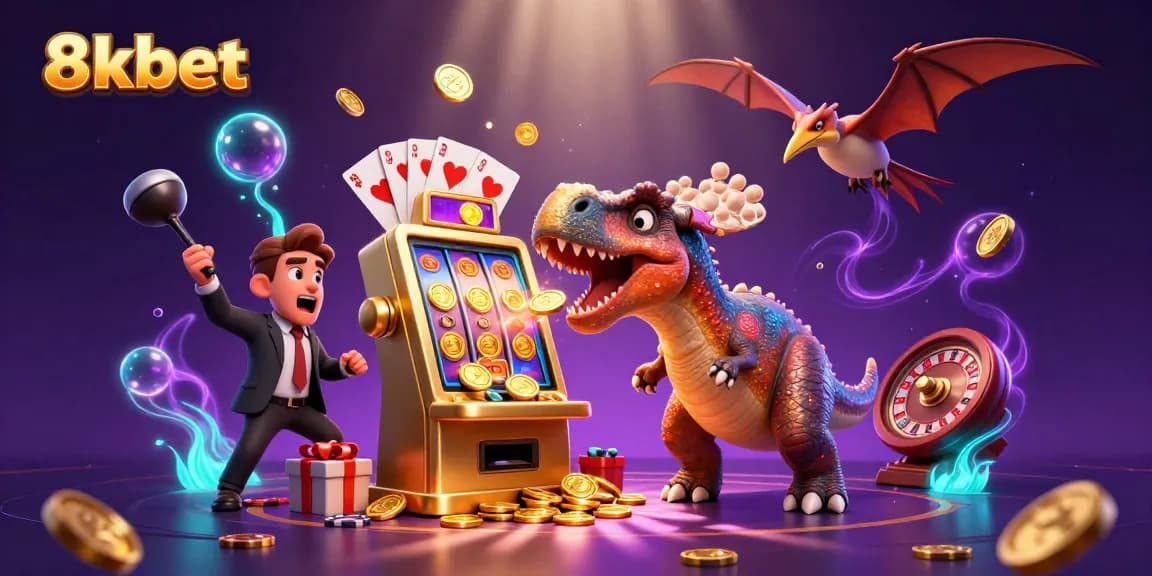 Experience excitement at 8xbet as a dinosaur hits a golden slot machine, creating a coin frenzy.