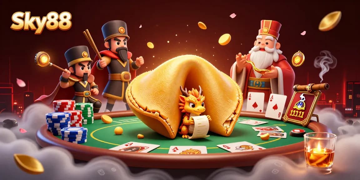 Experience luck at Sky88 with a vibrant, 3D casino scene displaying rich gambling elements.