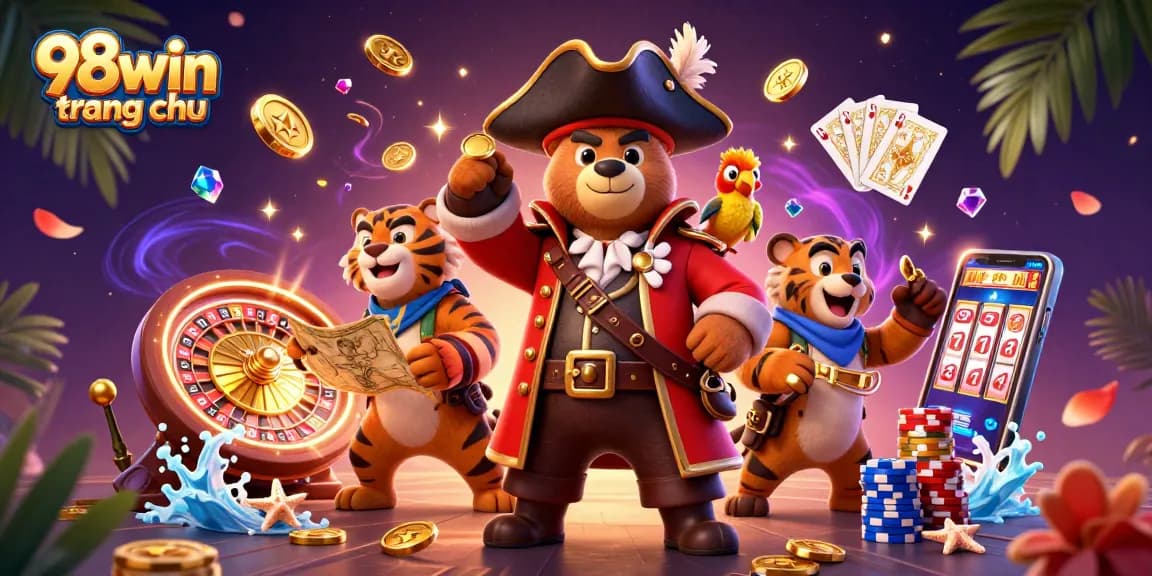 Engage in thrilling gameplay with 98win trang chu, featuring a dynamic casino scene with vibrant characters and exciting gaming elements.