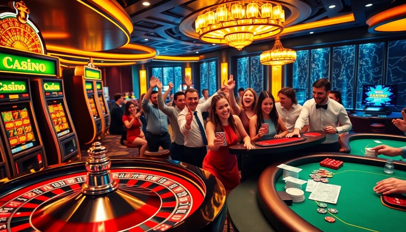 Casino online que paga de verdade showcased with enthusiastic players at slot machines and a roulette table.
