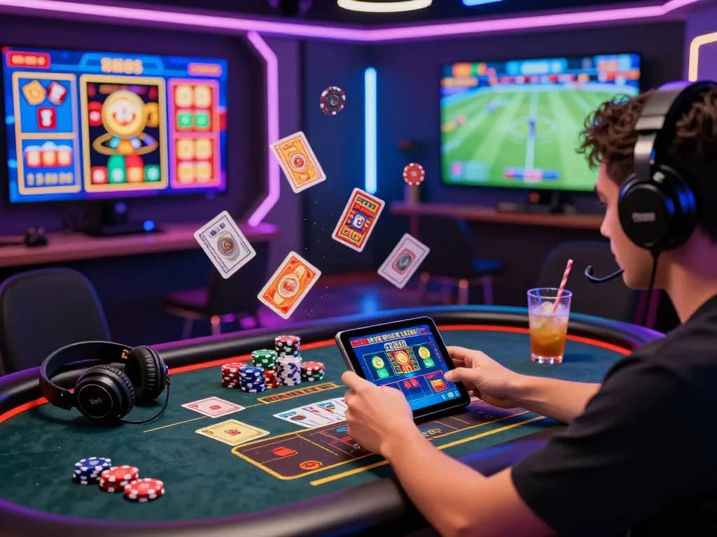 Engaged player enjoying online gambling at tg88 trang chủ, showcasing vibrant gaming setup.