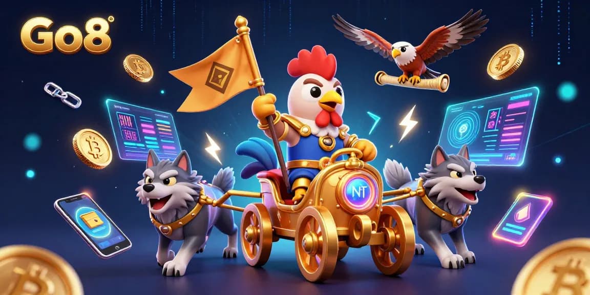 Experience thrilling gameplay at Go8, featuring a dynamic 3D rooster warlord amidst digital crypto elements.
