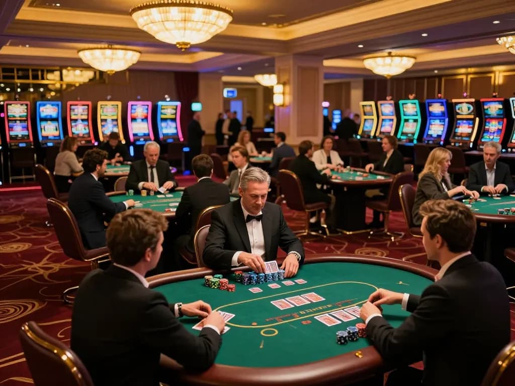 Engaged players at 888NEW poker tables in an upscale casino, showcasing thrilling gameplay.