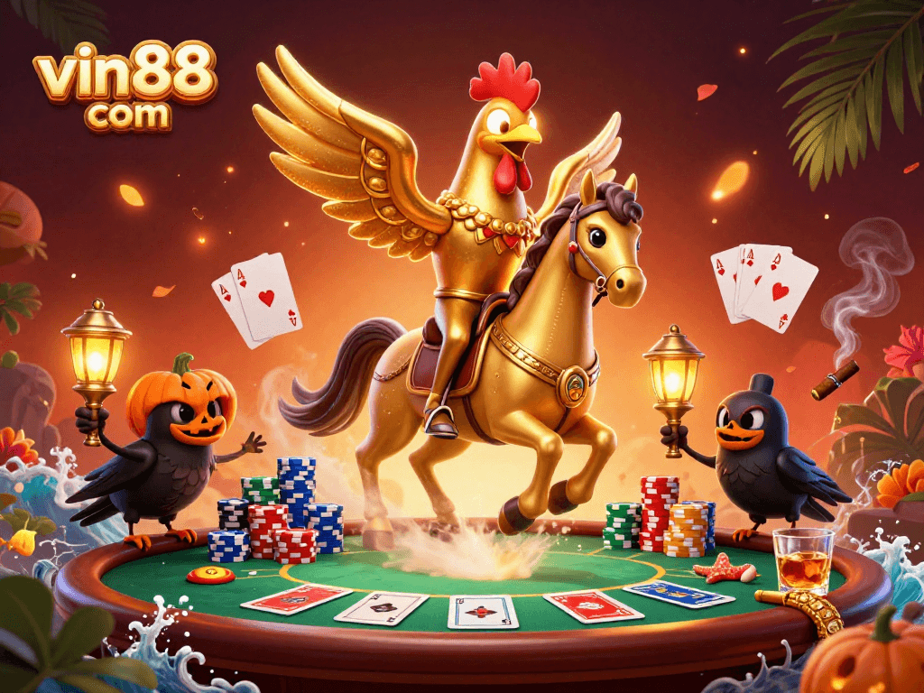 Experience vivid gameplay with vin88 com as a golden rooster leads the night in a vibrant casino scene.