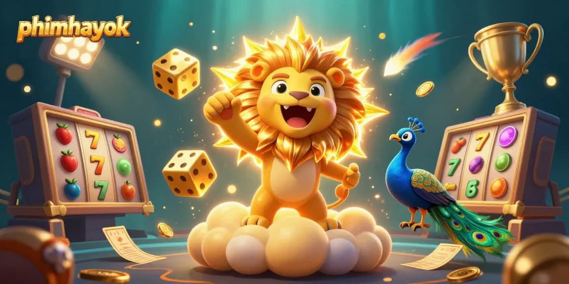 Experience the thrill of gaming with phimhayok's vibrant casino scene filled with exciting slot reels and gold coins.