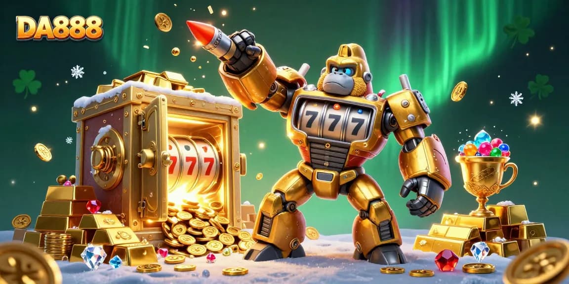 Engaging 3D illustration of DA888 with a massive golden gorilla mech, slot machine parts, and treasure